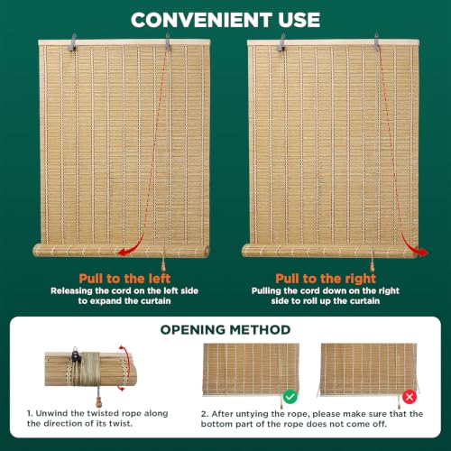 Bamboo Blinds for Indoor Windows - Roll Up Light Filtering, 23x48 in