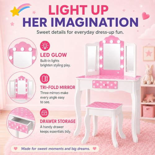 Polka Dot Kids Vanity Set with LED Mirror, Stool and Drawer - Pink