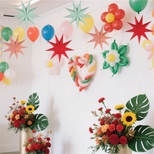 Kiddale 3 Pcs 12in Paper Star Ornaments Set – Red, Green & Pink Hanging Stars
