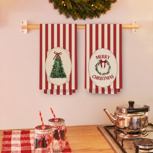 Red Striped Christmas Kitchen Towels Set of 2 16x24in Holiday Decor