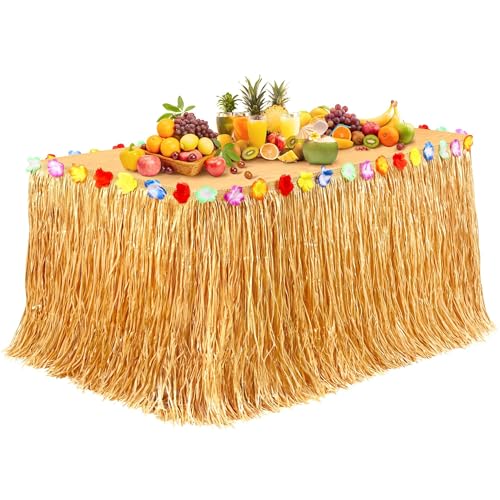 Hawaiian Grass Table Skirt with Flowers, 9ft Tropical Luau Table Decor