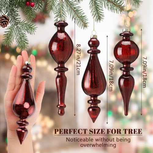Seenelling Burgundy Crystal Glass Christmas Finial Ornaments Set of 6 - Retro Holiday Decor