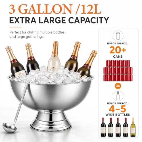 3-Gallon Stainless Steel Punch Bowl with Ladle and Footed Base
