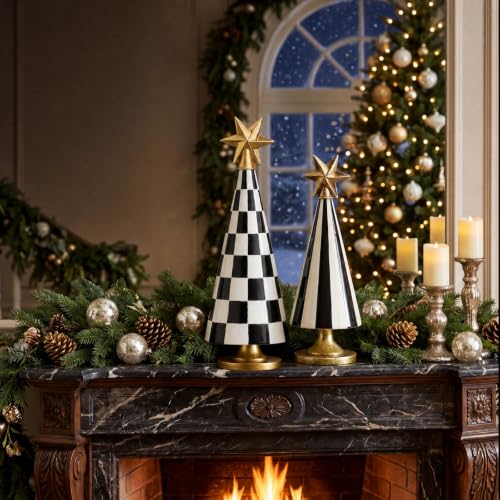 Chumia 2 Sets Christmas Tree Figurines with Stars, Black & White Decor, Size Variations Included