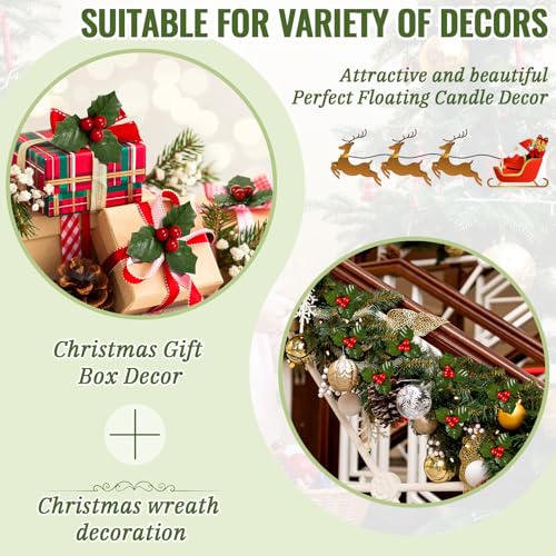 Artificial Christmas Holly Berry Stems with Green Leaves - 100 Pack