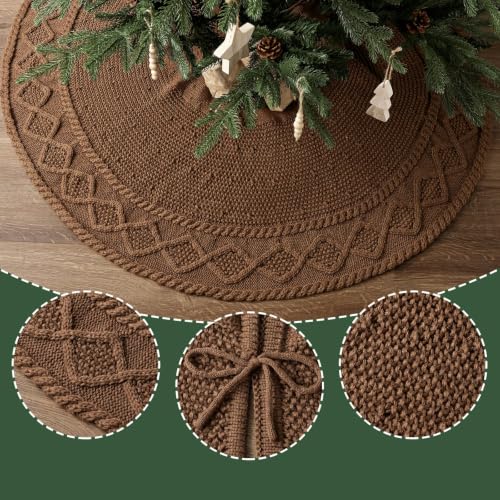 LimBridge Medium Brown Diamond Edge Knit Christmas Tree Skirt - 48in Neutral Rustic Boho