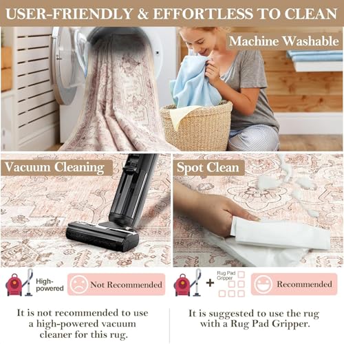 5x7 Washable Floral Area Rug – Non-Slip Pink Low Pile Nursery Carpet