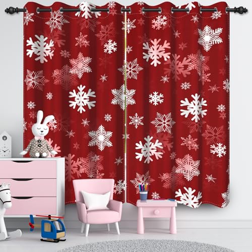 Red Christmas Snowflakes Blackout Curtains 52x84 in (Pack of 2) | Washable