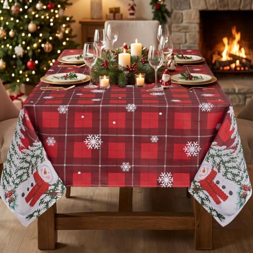Softalker 60 x 84 Inch Rectangular Tablecloth – Snowman Red Plaid (Plaid Snowman) Christmas