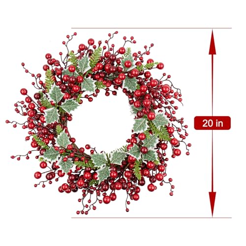 JINGHONG 20-Inch Artificial Christmas Wreath with Red Berries & Holly for Indoor Outdoor Holiday Decor