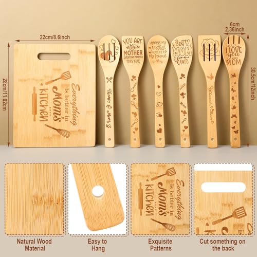 Mom Kitchen Gift Set with Cutting Board & Wooden Spoons, Apron, Oven Mitts & Pot Holder