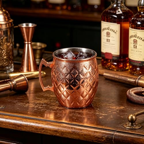 NaOHshp 19oz Copper Moscow Mule Mug with Rhombic Pattern, Stainless Steel Lining, Dishwasher Safe - Single Copper Cup