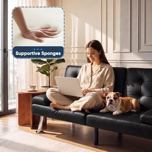 Adjustable PU Leather Futon Sofa Bed with Cup Holders and Armrests
