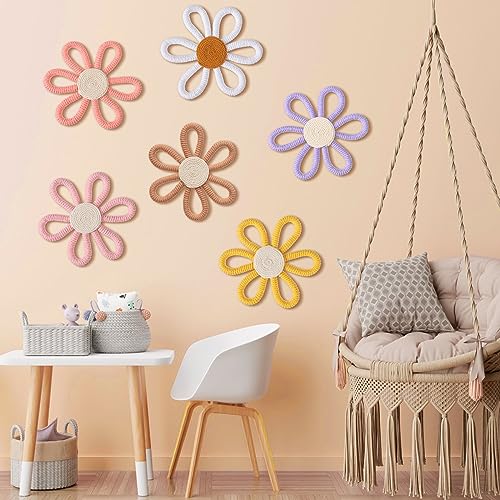 6-Piece Boho Daisy Wall Art Set - Woven Macrame Floral Nursery Decor
