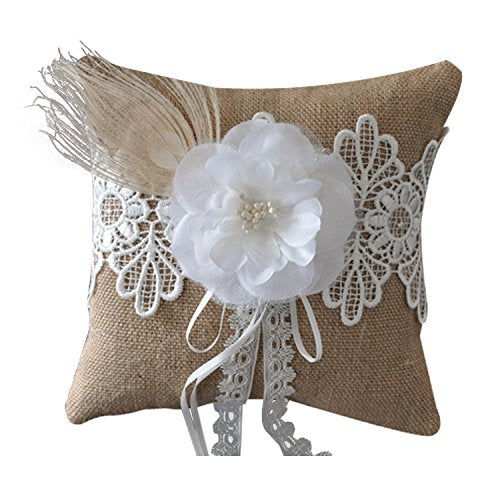 Rustic Burlap Flower Girl Basket with Pearl Bow for Wedding Ceremony