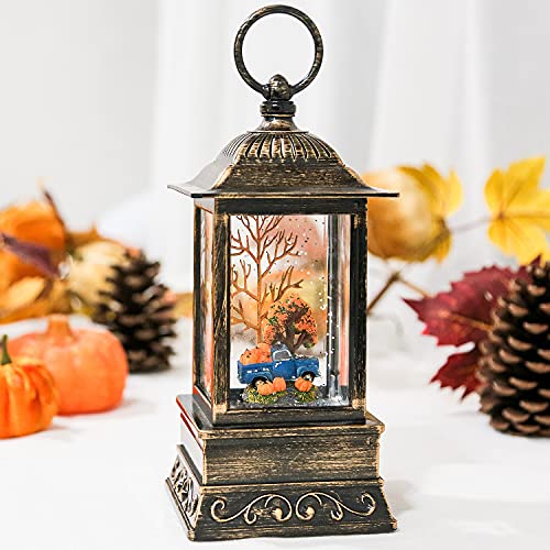 Thanksgiving Snow Globe Lantern with Harvest Truck & Pumpkins