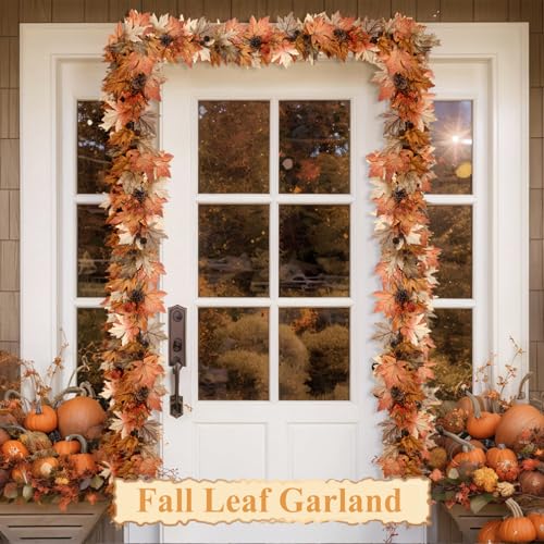 6ft Lighted Fall Garland with Timer, Autumn Leaves & Berries Decor