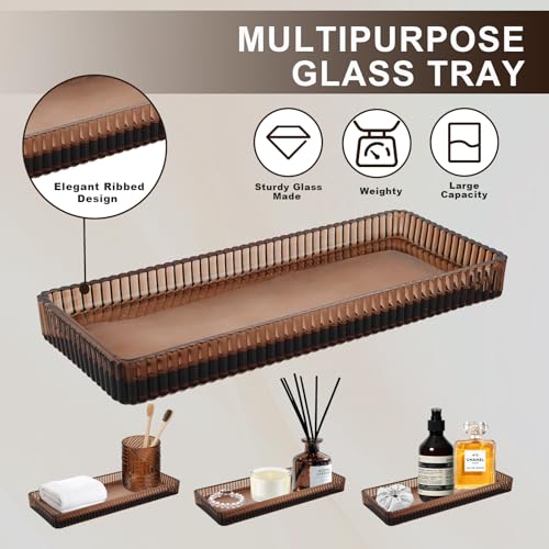 4-Piece Amber Glass Bathroom Accessory Set with Vanity Tray and Soap Dispenser