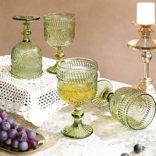 Vintage Sunflower Embossed Wine Goblets - 12 oz Green Stemmed Glassware (Set of 4)