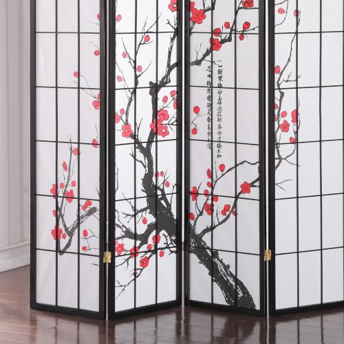 4-Panel Japanese Shoji Room Divider - Plum Blossom Print, Black Wood