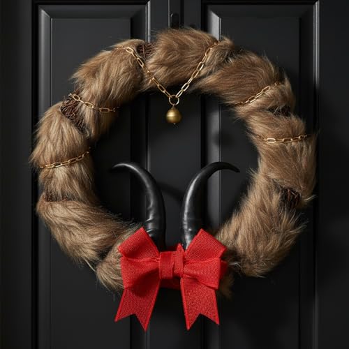 12-Inch Krampus Wreath with Faux Fur and Horns for Gothic Holiday Decor
