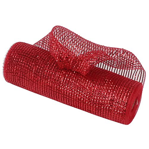MEEDEE Red Mesh Ribbon 10 Inch Wide, 30 Feet Metallic Deco Mesh Roll for Christmas & Crafts - Red / 10 Inch