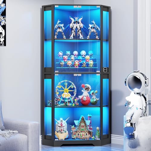 65-Inch Corner Curio Cabinet with LED Lights and Motion Sensor, 4-Tier