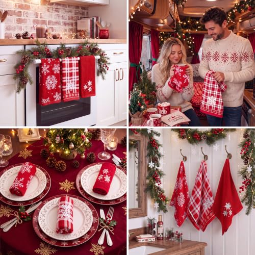 SmoothNovelty 3 Pcs Christmas Hand Towels - Red Snowflake Embroidered Set, 13.78 x 29.53 in