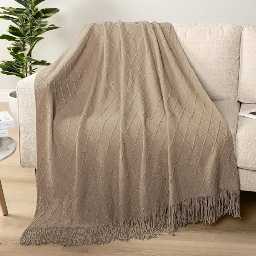 Tan Taupe Knit Throw Blanket with Fringe Tassel, 50x60 Inch Soft Boho Throw