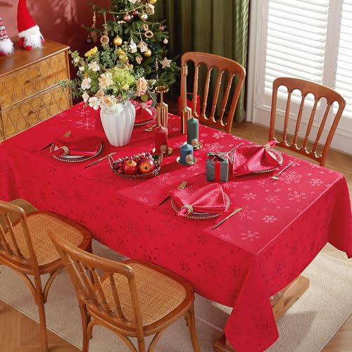 MATIRUG Christmas Tablecloth 60 x 120 Rectangular – Red Snowflake Pattern, Waterproof & Wrinkle-Resistant
