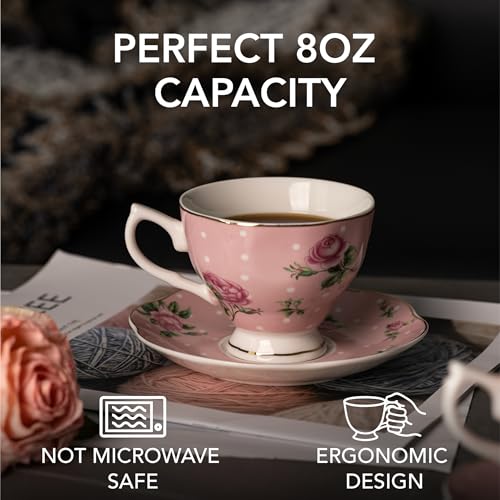 Pink Floral Tea Cup Set of 4 - 8 oz Porcelain Tea Cups with Gold Trim, Dishwasher Safe