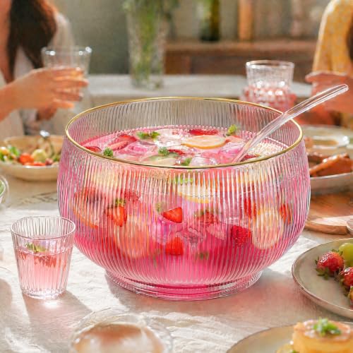 2.5 Gallon Ribbed Glass Punch Bowl Set with Gold Rim and Serving Ladle