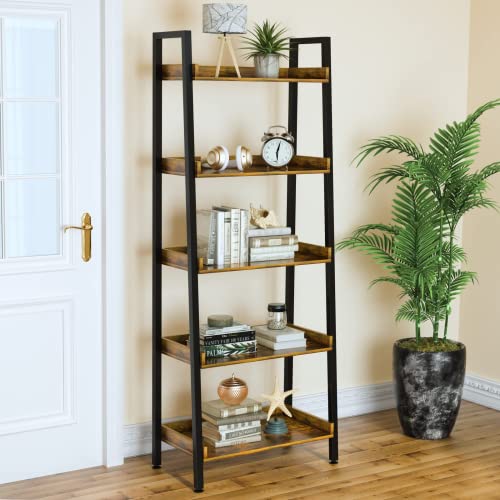 5-Tier Industrial Ladder Shelf - 67 Inch Tall Wooden Open Bookcase