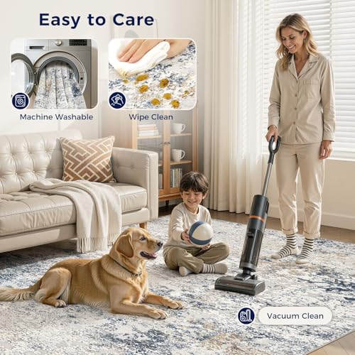 8x10 Washable Abstract Area Rug, Neutral Beige and Blue Non-Slip Carpet