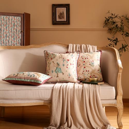 patdrea 18x18 Inch Pack of 2 Vintage Linen Square Throw Pillow Covers with Beige Idyll Pattern