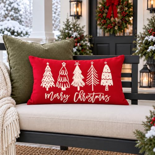 HERHOME Christmas Pillow Covers 12x20 Red Merry Christmas Tree Decor (Pack of 1) 20" x 12"