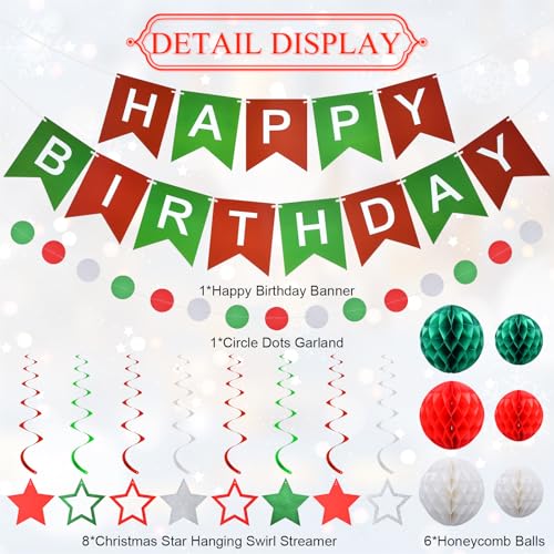Christmas Birthday Party Decorations 34-Piece Set: Banner, Honeycomb Balls, Swirl Stars & Garlands