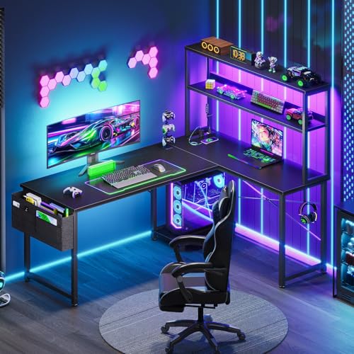 53-Inch Reversible L-Shaped Gaming Desk with LED Lights & Outlets