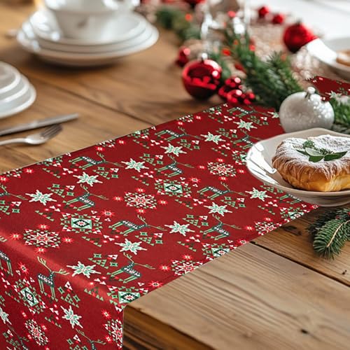 Christmas Table Runner 13x72 Red with Reindeer and Snowflake Geometric Pattern