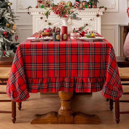 Joyfol Day Christmas Plaid Ruffled Tablecloth 120 x 60 Inch Rectangular, Red