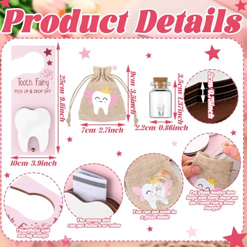 Wooden Tooth Fairy Door Hanger Set with Drawstring Pouch & Glass Jar