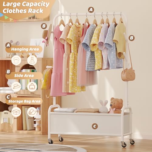 Kids Clothing Rack with Storage Bin and Hooks - Portable Garment Organizer