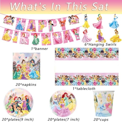 Princess Birthday Party Set with Plates Cups Napkins Banner Swirls Tablecloth 88PCS