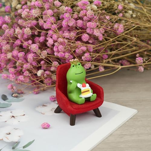 Miniature Frog Eating Cake Figurine on Red Sofa Desk Decoration