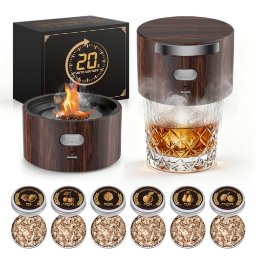 Aromara Brown Electric Whiskey Smoker Kit with 6 Flavor Wood Chips – Old Fashioned Whiskey Gift Set, Home Bar Accessories