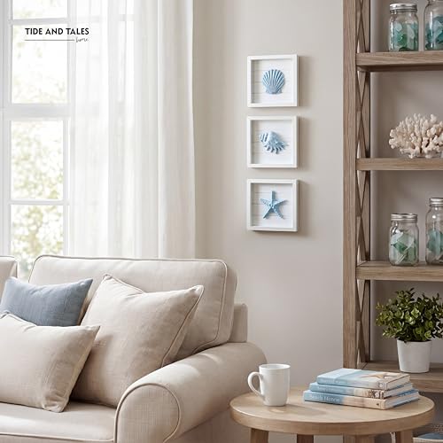 3D Coastal Wall Art Set, Textured Seashell Decor for Bathroom, 7" x 7"