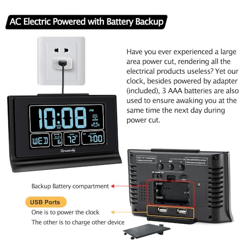 Digital Alarm Clock for Bedroom with 5 Inch Display, USB Port & Auto DST