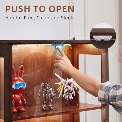 Glass Display Cabinet with Lock and Motion-Sensor LED Lights, Walnut