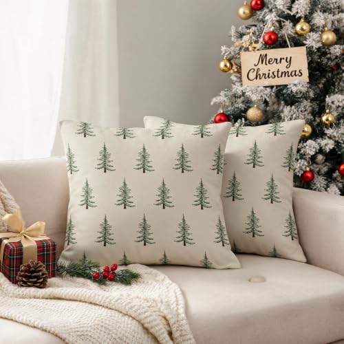 Smozenith Christmas Pillow Covers 18x18 Dark Light Green Set of 2 | Xmas Tree Decor