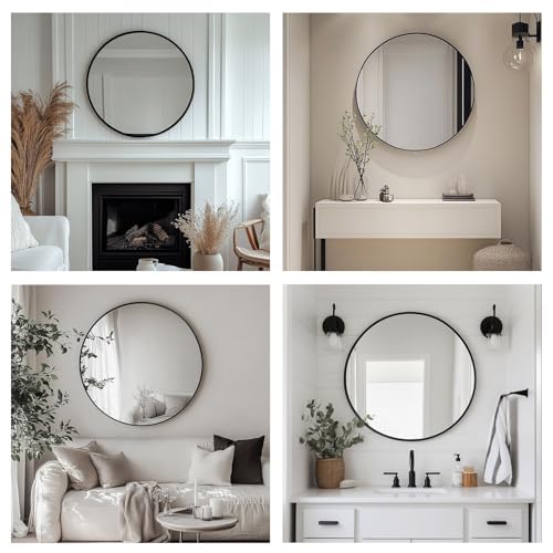 24-Inch Round Wall Mirror, Matte Black Metal Frame for Bathroom and Vanity